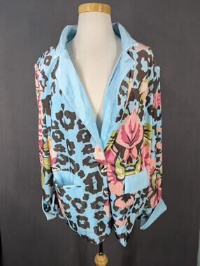 CHERRYBETTY Women's XL Blue Floral Button Jacket NWT Rayon Silk